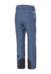 Blauwe skibroek met een gestructureerde afwerking, voorzien van zwarte accenten op de onderbenen en ritszakken op de achterkant.