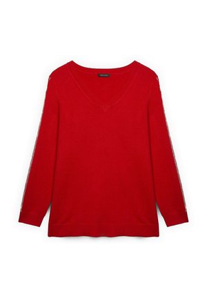 Czerwony sweter w serek z długimi rękawami, charakteryzujący się miękką teksturą dzianiny i prostym designem. Akcenty w postaci bocznych pasków dodają wizualnego uroku.