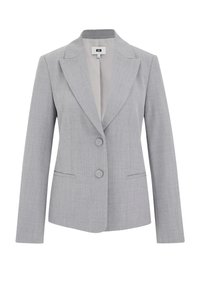 Šedý blazer vyrobený z texturované tkaniny, s klopovým límcem, dvěma předními knoflíky a dvěma postranními kapsami; přiléhavý střih.