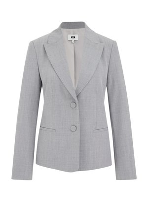 Šedý blazer vyrobený z texturované tkaniny, s klopovým límcem, dvěma předními knoflíky a dvěma postranními kapsami; přiléhavý střih.