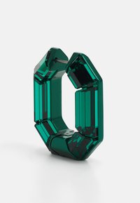 Green geometric hoop earring made of faceted acrylic, displaying a polished finish with beveled edges and a sturdy post for secure wear.