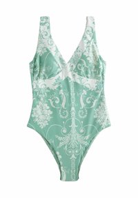 Mint žalios spalvos vientisas maudymosi kostiumėlis, su baltais gėlių ir dekoratyviniais raštais, v-kaklo iškirpte ir plačiomis petnešomis.