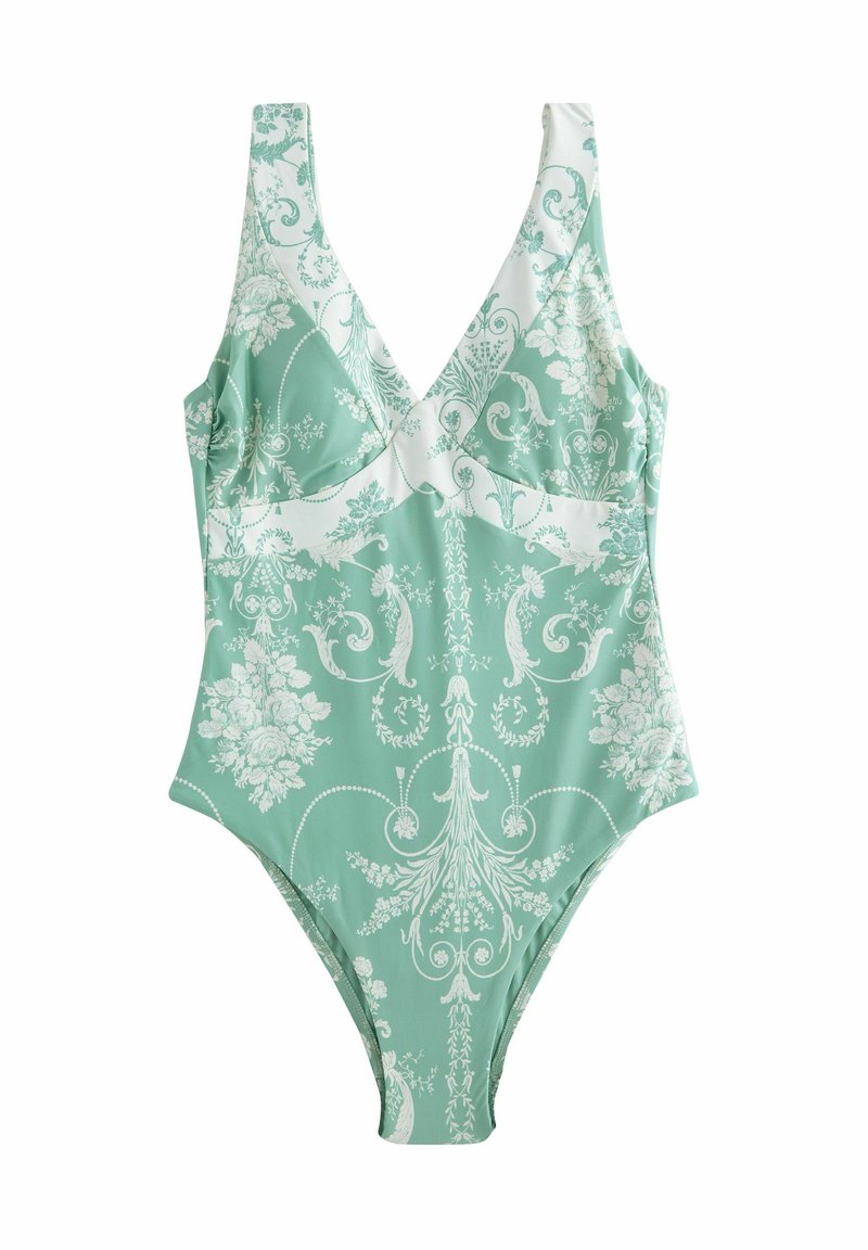 Mint žalios spalvos vientisas maudymosi kostiumėlis, su baltais gėlių ir dekoratyviniais raštais, v-kaklo iškirpte ir plačiomis petnešomis.