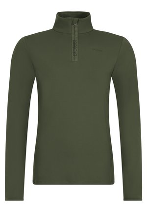 Olijfgroen langslib pullover met een halve rits kraag, gemaakt van een gladde stof met een subtiele logo op de borst en geen verdere patronen.