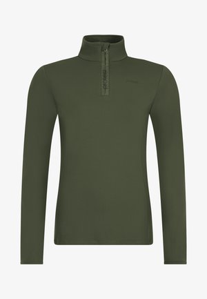 Olive green long-sleeve pullover with a half-zip collar, made of smooth fabric featuring a subtle logo on the chest and no additional patterns.