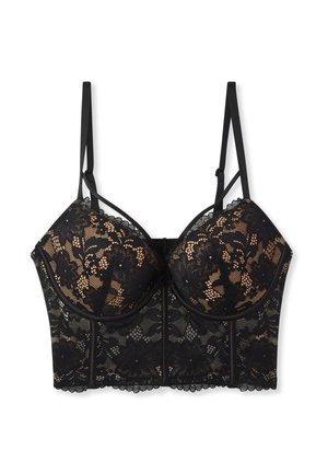 Sottoveste nera in pizzo con coppe imbottite, spalline regolabili e motivo floreale. Sovrapposizioni in pizzo testurizzato con chiusura a gancio e rifiniture decorative.
