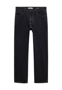 Vaqueros de mezclilla negra con corte recto. Presenta cinco bolsillos, costuras visibles y una cinturilla clásica. Textura suave y diseño versátil.