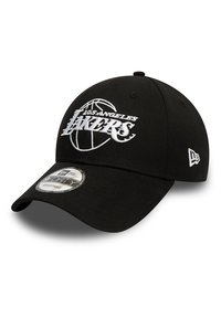 Gorra de béisbol negra con el logotipo bordado en blanco "Los Angeles Lakers" y diseño de baloncesto. Correa ajustable en la parte posterior. Material de algodón.