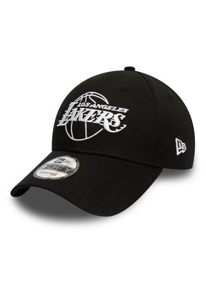 Gorra de béisbol negra con el logotipo bordado en blanco "Los Angeles Lakers" y diseño de baloncesto. Correa ajustable en la parte posterior. Material de algodón.