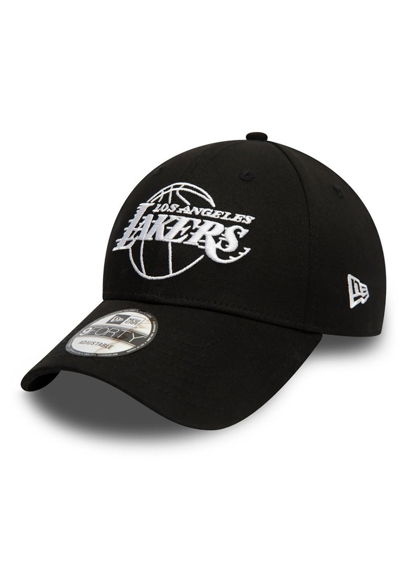 Gorra de béisbol negra con el logotipo bordado en blanco "Los Angeles Lakers" y diseño de baloncesto. Correa ajustable en la parte posterior. Material de algodón.