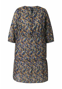 Blaues und orangefarbenes gemustertes Kleid mit lockerer Passform, 3/4-Ärmeln, V-Ausschnitt und elastischem Bund. Leichter Stoff mit gerafftem Saum.