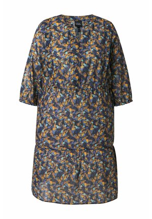 Vestido con estampado azul y naranja, de corte amplio, mangas 3/4, escote en V y cintura elástica. Tejido ligero con dobladillo fruncido.