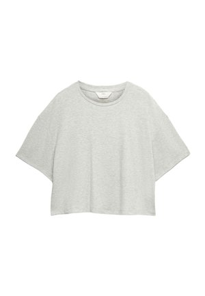 Lysegrå, ribbet cropped top med korte ærmer og rund halsudskæring, lavet af blødt, struktureret stof.