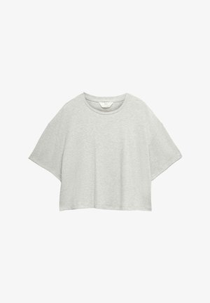 Hellgraues, kurzärmeliges, geripptes Crop-Top mit rundem Halsausschnitt, aus weichem, strukturiertem Stoff gefertigt.