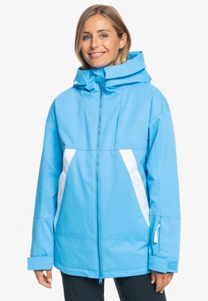 Light blue waterproof jacket with a high collar, full front zipper, and white accents on sides. Features a hood and adjustable cuffs.