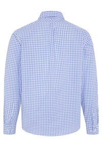Blue and white gingham check shirt, long sleeves, button-down collar, soft fabric, and single-button cuffs. Back view.