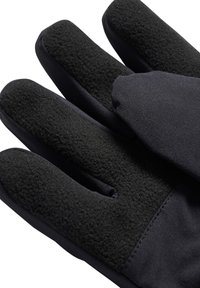 Schwarze Handschuhe mit einer strukturierten Oberfläche, die am Handgelenk aus einem glatten Stoff bestehen. Die Fingerspitzen sind mit einem weichen, flauschigen Material verstärkt.