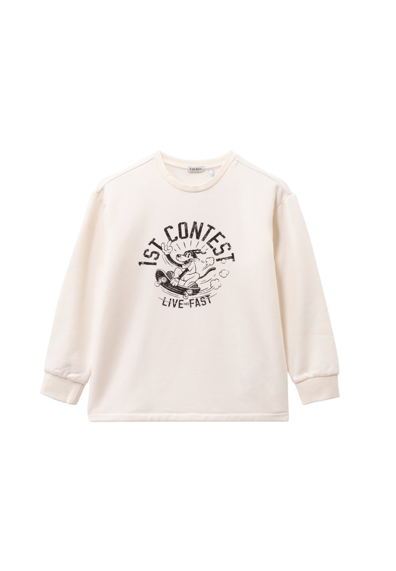 Felpa color crema con scollo tondo e maniche lunghe. Presenta una grafica stampata con "1ST CONTEST" e un personaggio su uno skateboard.