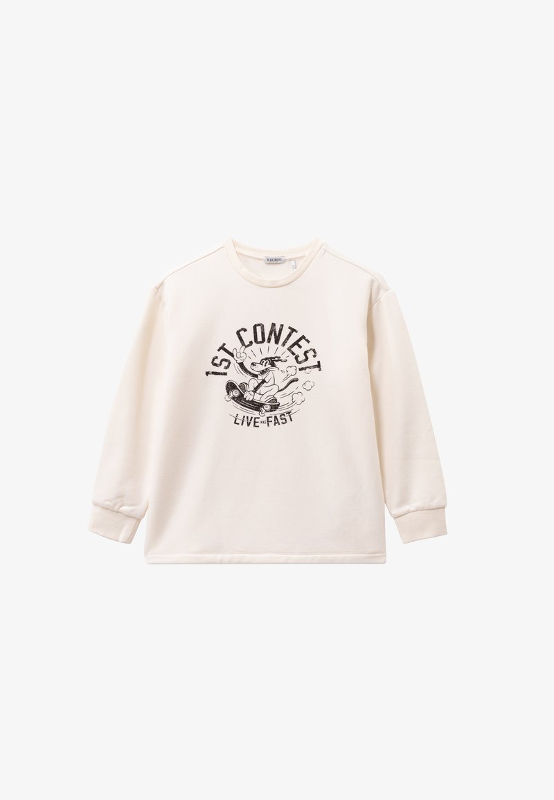 Crème-kleurige sweatshirt met ronde hals en lange mouwen. Heeft een geprinte afbeelding met "1ST CONTEST" en een personage op een skateboard.