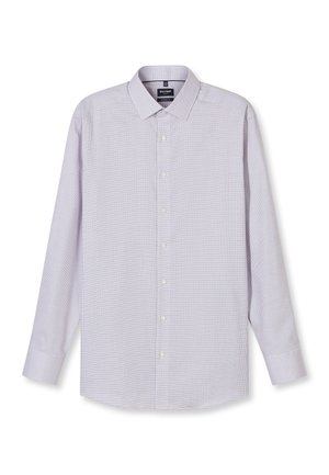 Camicia da uomo a manica lunga con bottoni, con un piccolo motivo a quadretti in lilla chiaro e bianco, con colletto classico e polsini con un solo bottone.
