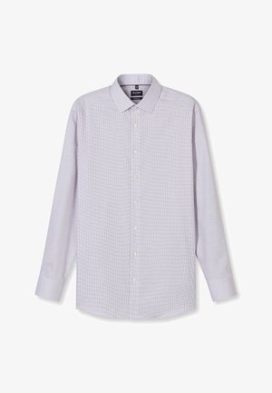 Herren Langarmknopfhemd mit kleinem kariertem Muster in Hellviolett und Weiß, mit klassischem Kragen und Manschetten mit einem Knopf.