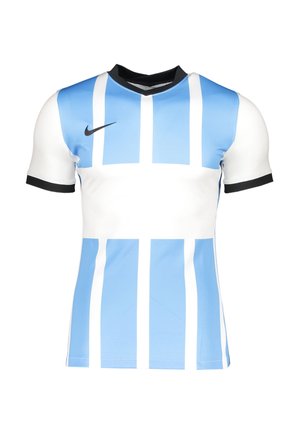 Nike T-shirt met korte mouwen in blauw en witte verticale strepen, V-hals ontwerp, zwarte accenten op de mouwen en een gladde textuur.