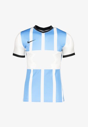 Nike short-sleeve jersey featuring blue and white vertical stripes, V-neck design, black accents on sleeves, and a smooth texture.