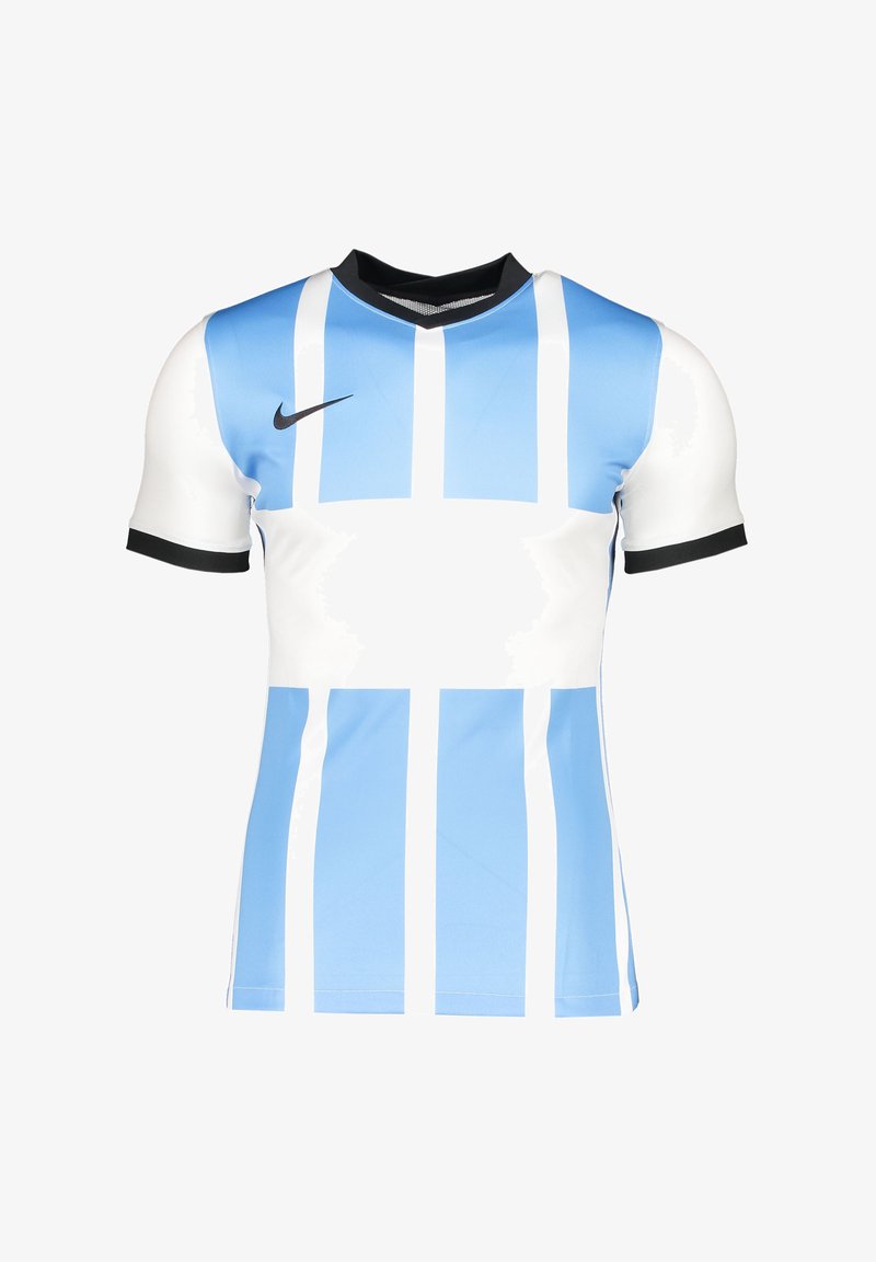 Maillot à manches courtes Nike avec des rayures verticales bleues et blanches, design en V, accents noirs sur les manches et une texture lisse.