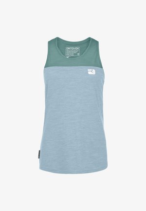 Light blue tank top with a green upper panel, soft texture, rounded neckline, and a small white logo on the front.