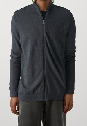 Uomo che indossa un maglione grigio scuro con zip sopra una maglietta nera e pantaloni grigio scuro, in piedi contro uno sfondo chiaro e semplice.