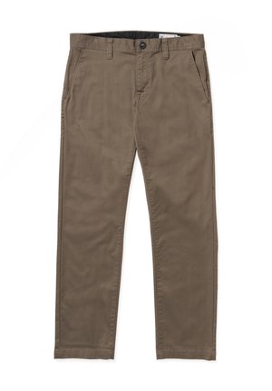 Brown cotton chinos with a slim fit, featuring a button closure, two side pockets, and a clean hem. Smooth texture, minimal design.