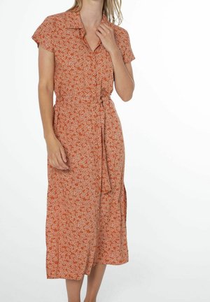 Orange floral patterned midi dress with a collar, short sleeves, and a tied waist detail. Smooth fabric texture and side slits.