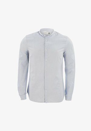 Light blue, long-sleeve shirt made from cotton fabric. Features a band collar and front button closure. Smooth texture with a slightly fitted shape.