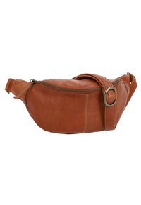 Bruine leren heuptas met een ronde vorm, ritsluiting en een stoffen riem met een metalen gespsier. Soepele textuur.
