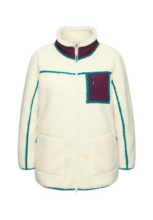 Giacca in pile di colore crema con colletto alto, taschina di colore viola sul petto, dettagli turchesi e due tasche frontali. Chiusura con zip e texture morbida.