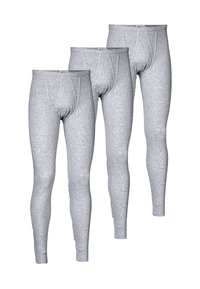 Gray long johns made of soft material, featuring a snug fit, elastic waistband, and a mid-rise design with reinforced stitching. Three pairs included.