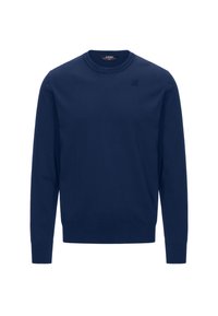 Maglione lavorato a maglia blu navy con colletto a giro, polsini e fondo a costine, caratterizzato da un piccolo logo sul petto. Texture liscia in tutto il capo.