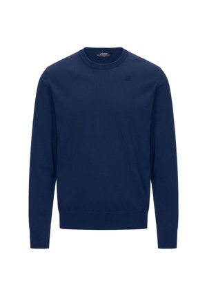 Maglione lavorato a maglia blu navy con colletto a giro, polsini e fondo a costine, caratterizzato da un piccolo logo sul petto. Texture liscia in tutto il capo.