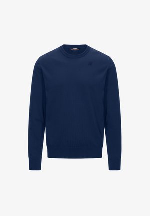 Maglione lavorato a maglia blu navy con colletto a giro, polsini e fondo a costine, caratterizzato da un piccolo logo sul petto. Texture liscia in tutto il capo.