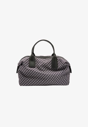 Torebka z teksturowanej szarej tkaniny o geometrycznym wzorze. Posiada czarne syntetyczne uchwyty i zamek błyskawiczny, a także zaokrąglony kształt. Kompaktowy design.