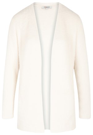 Cream-colored cardigan with an open front and long sleeves. Features a soft texture and a relaxed fit, suitable for layering.