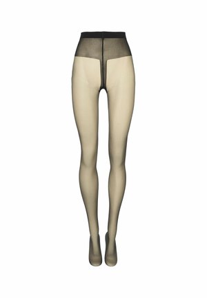 Collant neri trasparenti con aree opache rinforzate in vita, fianchi e piedi mostrati su uno sfondo bianco uniforme.