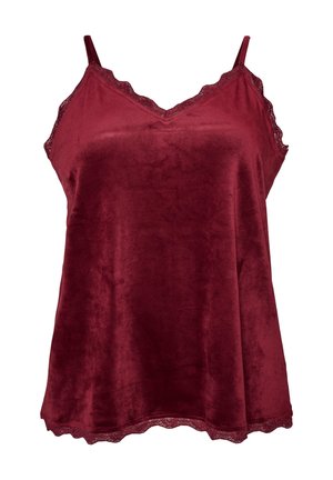 Camisola de veludo borgonha sem mangas com acabamento em renda ao longo do decote, cavas e bainha, sobre fundo branco.