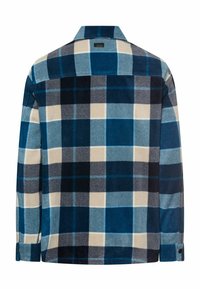 Blauw-zwart geruit flanellen overhemd met witte accenten, voorzien van een button-down kraag en lange mouwen, gemaakt van een zacht, gestructureerd materiaal.