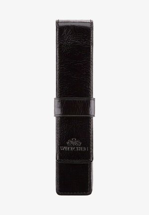 Black leather case with a textured finish, featuring a central band and embossed logo. Slim, vertical design suitable for storage.