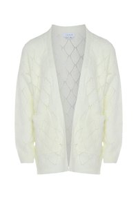 Cardigan texturat în galben deschis, cu un design deschis în față, model în diamant și două buzunare frontale. Țesătură tricotată cu un finisaj moale.