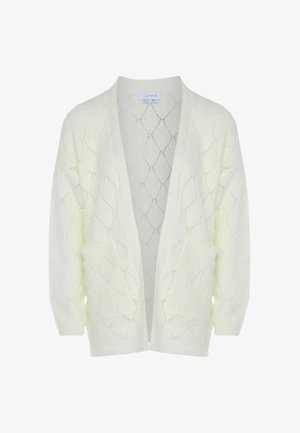 Strickjacke in hellgelb mit Textur, offener Front, Rautenmuster und zwei vorderen Taschen. Strickstoff mit weicher Oberfläche.