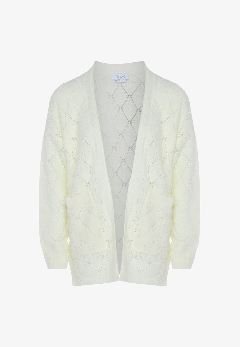 Texturerad cardigan i ljusgult, med öppen framsida, diamantmönster och två framfickor. Stickad tyg med en mjuk finish.