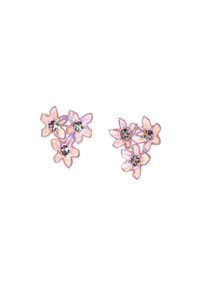 Orecchini floreali rosa con finitura iridescente, progettati come tre fiori stilizzati con accenti centrali di piccole gemme.
