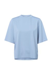 Lichtblauw T-shirt met korte mouwen en een hoge ronde hals, gemaakt van een zachte, gladde stof. Heeft een losse pasvorm en een rechte zoom.